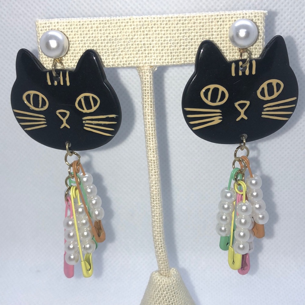 Black Cat safety pins earrings